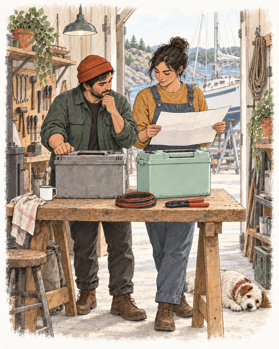 Two makers compare battery boxes and a folded plan at a boat-workshop bench.