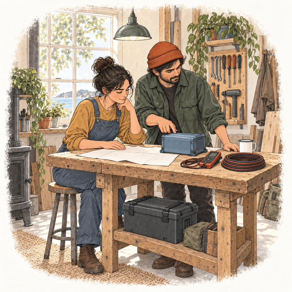 Two makers review a plan beside enclosed electrical equipment, a multimeter and a cable coil.